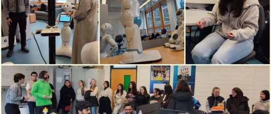 Bildcollage, die erwachsene Schüler und Roboter beim angewandten Lernen zeigt.