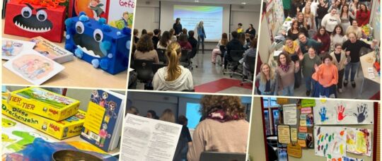 Bildcollage aus 6 Bildern, die erwachsene Schüler und verschiedene Spiele zeigt.